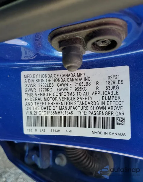 2021 Honda Civic Ex from USA, damaged, VIN 2HGFC1F36MH701346